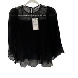 NWT Zara Woman Black Combined Pleated Blouse Lace Long Sleeve